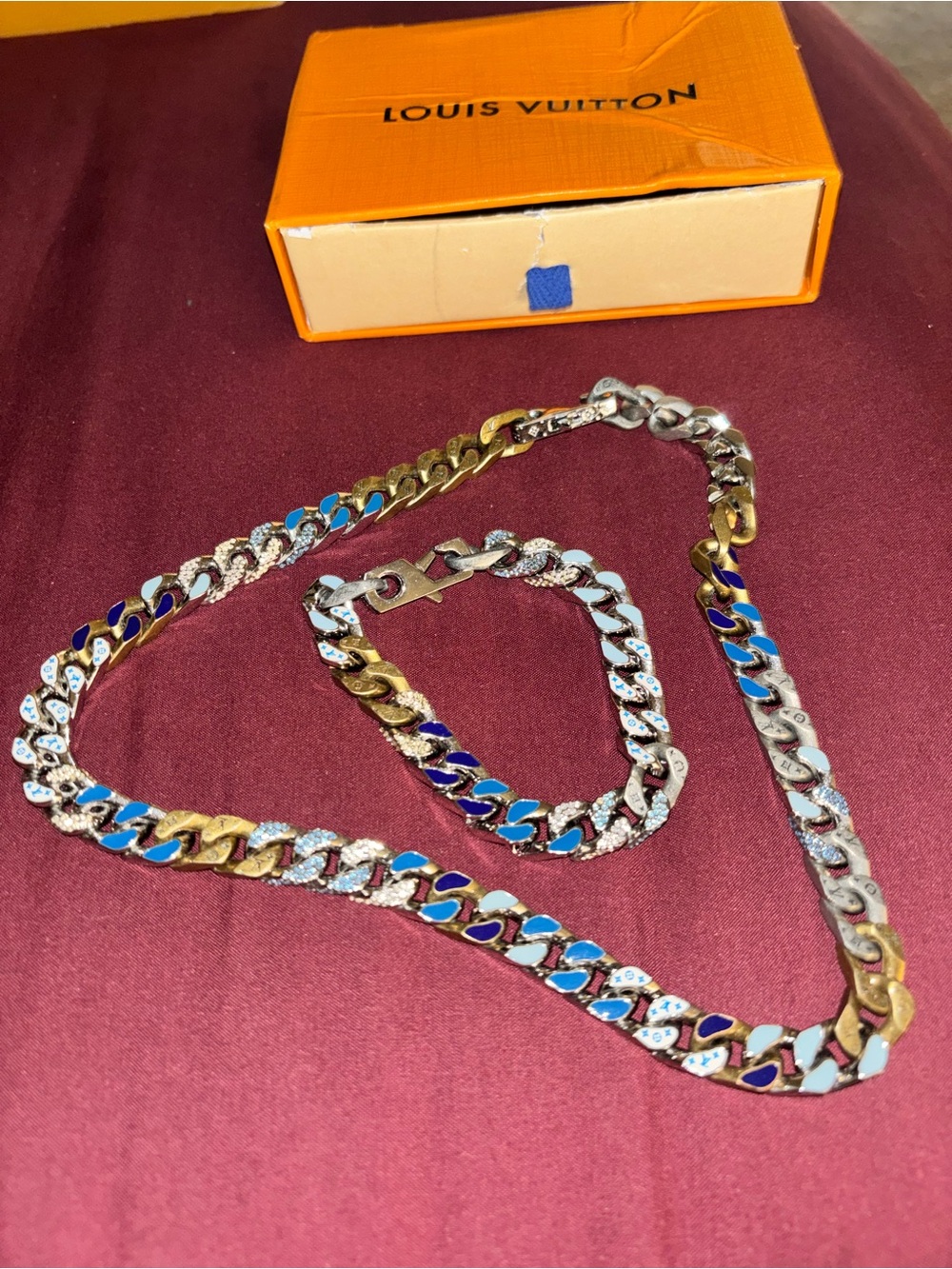 Louis Vuitton Multicolor Enamel and Metal Cuban Link Necklace and Bracelet Set